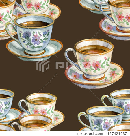 Charming watercolor illustration featuring a collection of elegant vintage teacups and saucers. Each cup is adorned with delicate floral patterns in pink and purple hues, filled with warm tea. 137421987