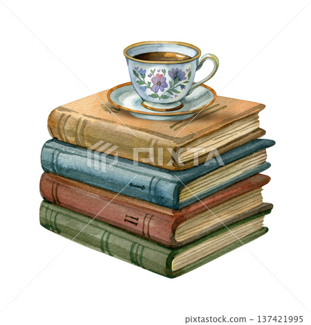 Cozy watercolor illustration of a vintage teacup with floral patterns resting atop a stack of old books. Charming artistic scene perfect for cafe menus, book covers, and relaxing lifestyle designs. 137421995