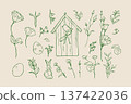 Set of easter outline doodles. Spring flowers and birdhouse sketch 137422036