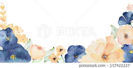 Watercolor floral border with blue and yellow flowers isolated illustration for stationery and design Watercolor floral border with blue and yellow flowers isolated illustration for stationery and design 137422227