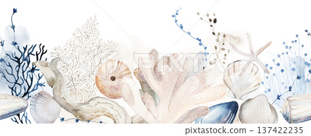 Seamless border with pastel watercolor seashells, illustration for coastal beach wedding and events Seamless border with pastel watercolor seashells, illustration for coastal beach wedding and events 137422235