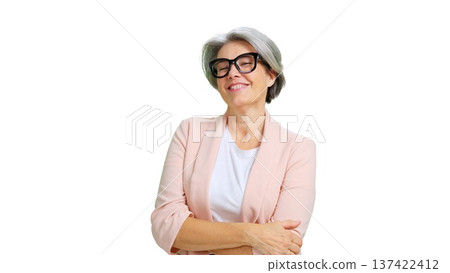 Confident mature business woman smiling on white background Confident mature business woman smiling on white background 137422412