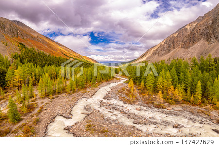 Aerial top view to Actru alpine valley and delta river. High altitude discontinuous Landscape to Mountains in Siberia, Altai Republic, Russia Aerial top view to Actru alpine valley and delta river. High altitude discontinuous Landscape to Mountains in Siberia, Altai Republic, Russia 137422629