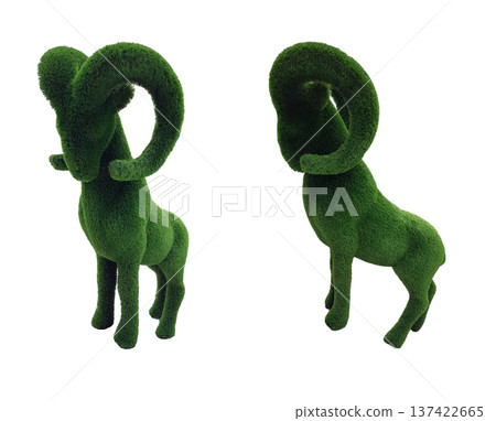 A sculpture of a mountain sheep is crafted from artificial grass. It stands alone, showcasing an ecological theme. The scene highlights nature and sustainability without real animals. 137422665