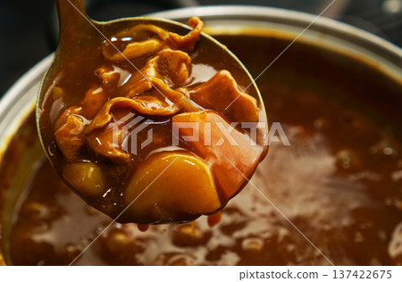Scooping up pork curry from a hot pot 137422675