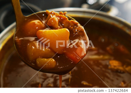 Scooping up pork curry from a hot pot Scooping up pork curry from a hot pot 137422684