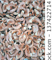 Fresh frozen raw king shrimps are packed together with a natural pink hue. Ideal for seafood retail or culinary concepts. Stocked for cooking and serving. 137422714