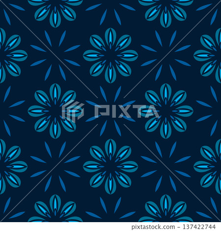 Blue flowers on dark blue background. Floral dark seamless background. Ornament in shades of blue Blue flowers on dark blue background. Floral dark seamless background. Ornament in shades of blue 137422744