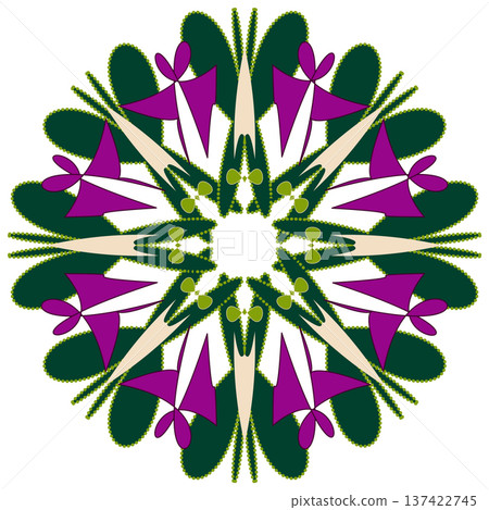 Crazy round element of curved geometry shapes. Vibrant round symmetry flower. Green purple mandala Crazy round element of curved geometry shapes. Vibrant round symmetry flower. Green purple mandala 137422745