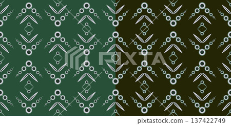 Dark abstract ethnic seamless pattern. Black circle and curved lines. Geometric elements. Complex square monochrome shapes on dark green background Dark abstract ethnic seamless pattern. Black circle and curved lines. Geometric elements. Complex square monochrome shapes on dark green background 137422749