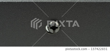 Close-up view of a black screw in metal surface 137422831