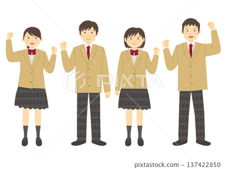 一群男女學生身穿校服並揮拳慶祝的插圖_米色 一群男女學生身穿校服並揮拳慶祝的插圖_米色 137422850