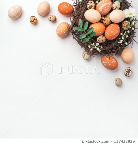 Easter nest with hand-painted eggs on a light background Easter nest with hand-painted eggs on a light background 137422929