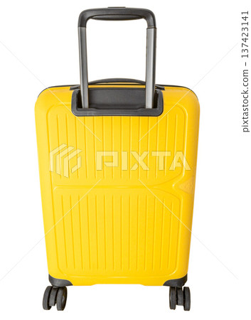 yellow suitcase luggage bag on wheels with handle isolated on white background travel trolley for airport vacation trip. 137423141