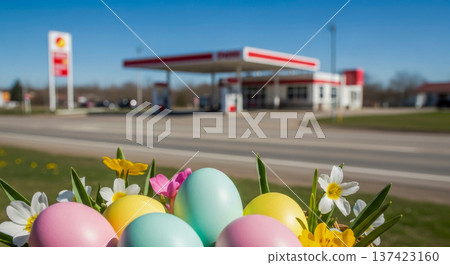Easter eggs flowers by roadside gasstation, spring pastel travel holiday scene with copyspace for seasonal service ads 137423160