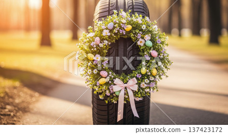Tire with Easter wreath of flowers and pastel eggs on road outdoors. Spring auto service display, seasonal transport decor, holiday promotion, roadside retail, sunny park. Tire with Easter wreath of flowers and pastel eggs on road outdoors. Spring auto service display, seasonal transport decor, holiday promotion, roadside retail, sunny park. 137423172