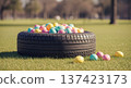 Tire Easter eggs grass spring pastel auto service holiday outdoors display in park, seasonal car care promotion concepts 137423173