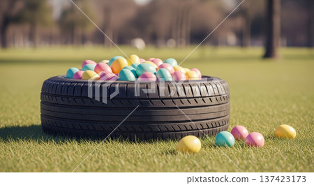 Tire Easter eggs grass spring pastel auto service holiday outdoors display in park, seasonal car care promotion concepts Tire Easter eggs grass spring pastel auto service holiday outdoors display in park, seasonal car care promotion concepts 137423173