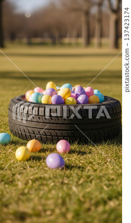 Tire Easter eggs grass spring pastel auto service holiday outdoors display in park, seasonal car care promotion concepts Tire Easter eggs grass spring pastel auto service holiday outdoors display in park, seasonal car care promotion concepts 137423174