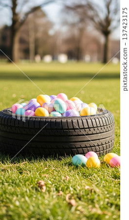 Tire Easter eggs grass spring pastel auto service holiday outdoors display in park, seasonal car care promotion concepts 137423175