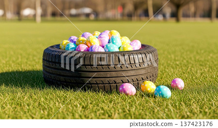 Tire Easter eggs grass spring pastel auto service holiday outdoors display in park, seasonal car care promotion concepts Tire Easter eggs grass spring pastel auto service holiday outdoors display in park, seasonal car care promotion concepts 137423176