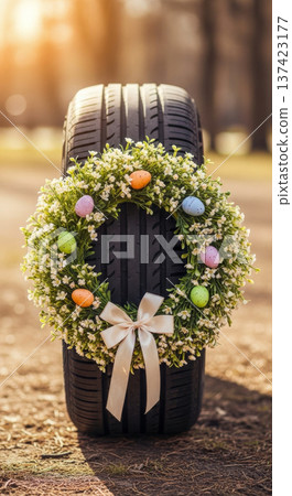 Tire with Easter wreath of flowers and pastel eggs on road outdoors. Spring auto service display, seasonal transport decor, 137423177