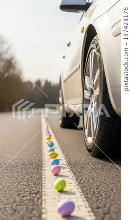 Car wheel road Easter eggs spring auto travel concept on asphalt lane, seasonal transport holiday scene with copy space. Car wheel road Easter eggs spring auto travel concept on asphalt lane, seasonal transport holiday scene with copy space. 137423178