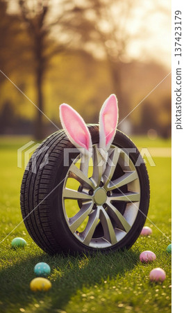 Tire wheel bunny ears Easter eggs grass spring auto holiday display on lawn, playful seasonal car service concept. Tire wheel bunny ears Easter eggs grass spring auto holiday display on lawn, playful seasonal car service concept. 137423179