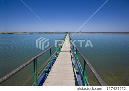 Minimal Wooden Pier Over Water With Open Sky 137423252