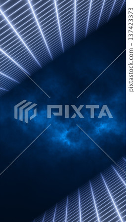 Perspective blue grid lines forming a futuristic corridor with misty nebula center, abstract sci-fi technology background with copy space 137423373