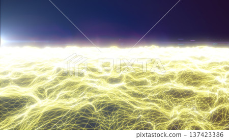 Bright yellow wireframe wave terrain with glowing polygon grid and intense horizon light under a dark sky, futuristic abstract technology background 137423386