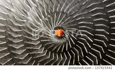 Top view on spiral geometric installation with metallic radial elements surrounding a red apple-shaped object in the center. Strong symmetry, depth and optical movement create a striking visual focus 137423442