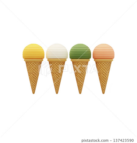 Four colorful ice cream cones with waffle cones are arranged in row, featuring yellow, white, green, and orange scoops, creating playful and vibrant display 137423590