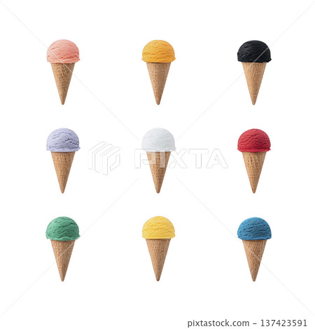 Nine colorful ice cream cones arranged in grid pattern on transparency background featuring pink orange black purple white red green yellow and blue scoops 137423591