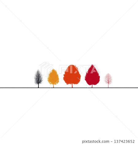 Row of colorful trees in varying shades of black, yellow, orange, red, and pink stand against minimalist background, creating vibrant and artistic landscape 137423652