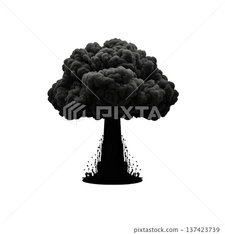 Dramatic black and white illustration of mushroom cloud, symbolizing explosion or nuclear blast, with billowing smoke and powerful impact 137423739