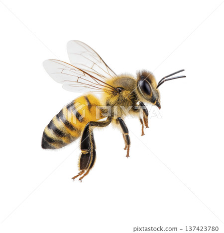 Close up image of honeybee in flight, showcasing its detailed wings and striped body against transparency background. bee intricate features are highlighted, emphasizing its role in pollination 137423780