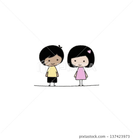 Cute illustration of two cartoon characters, boy and girl, standing side by side. boy wears yellow shirt and shorts, while girl wears pink dress with heart detail 137423973