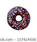 Chocolate glazed donut with colorful sprinkles on top, isolated on transparency background. vibrant sprinkles add playful touch to classic treat, making it visually appealing 137424036