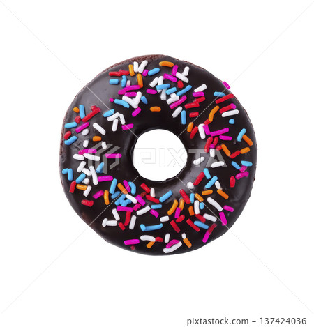 Chocolate glazed donut with colorful sprinkles on top, isolated on transparency background. vibrant sprinkles add playful touch to classic treat, making it visually appealing 137424036