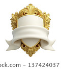Decorative gold shield with ornate detailing and blank white ribbon wrapped around it, perfect for heraldic designs or emblems. elegant design evokes sense of prestige and tradition 137424037