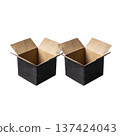 Two open cardboard boxes are placed side by side, showcasing their brown corrugated texture. boxes are empty, with flaps fully extended, highlighting their spacious interior. background is plain 137424043