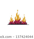 Stylized illustration of campfire with vibrant yellow and orange flames rising from red embers, set against transparent background. design is simple and artistic, evoking warmth and coziness 137424044