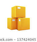 Three bright yellow cardboard boxes are stacked in pyramid formation, each featuring small white label. boxes are isolated on transparency background, creating clean and minimalistic look 137424045