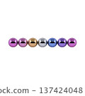 Row of colorful metallic spheres arranged in gradient from pink to purple, reflecting light and creating shiny, smooth surface. spheres are aligned horizontally against plain background 137424048