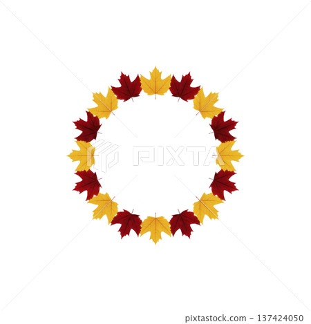 Circular wreath made of alternating red and yellow autumn leaves, creating vibrant and festive design. leaves are arranged symmetrically, forming perfect circle 137424050