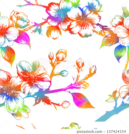 Cherry branches with flowers, colored sakura seamless pattern background. Hand drawn. Not AI, vector illustration. 137424154