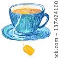 Cute colored pencil illustration of a blue ceramic teacup with tea, isolated 137424160