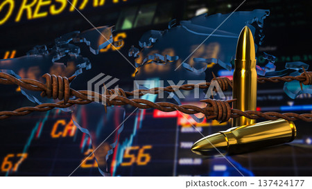 Global Conflict And Economic Crisis Concept With Bullets And World Map 3d render. Global Conflict And Economic Crisis Concept With Bullets And World Map 3d render. 137424177