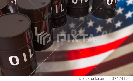 Oil Barrels With United States Flag Energy Industry Concept 3d render. 137424194